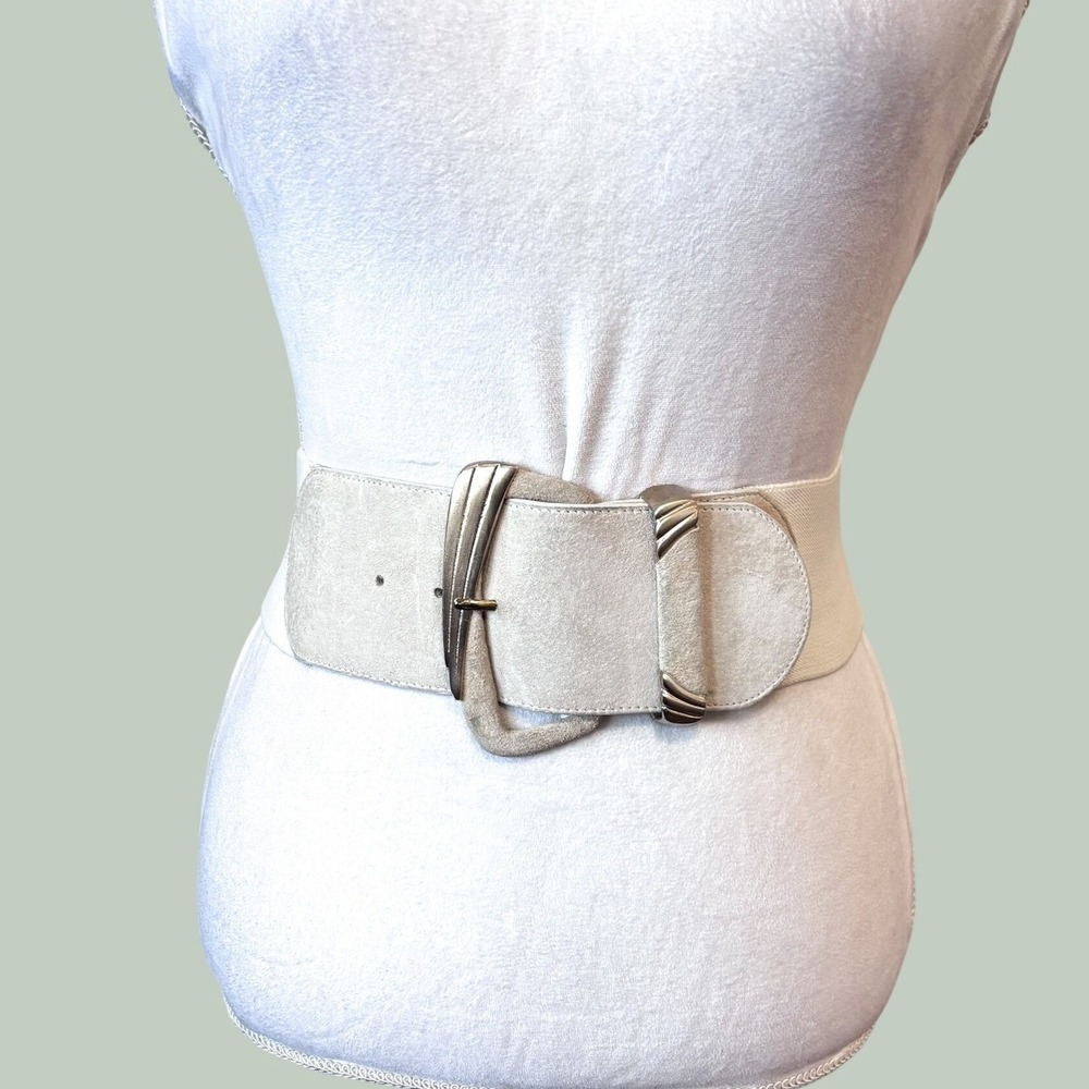 Express Vintage Cinch Waist Belt XS Cream Leather Suede Statement Wide Elastic